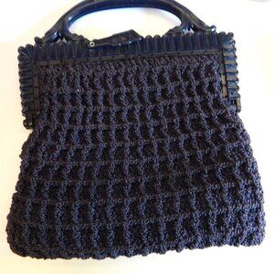 Vintage Style Navy Corde' Handbag - Curved Handles